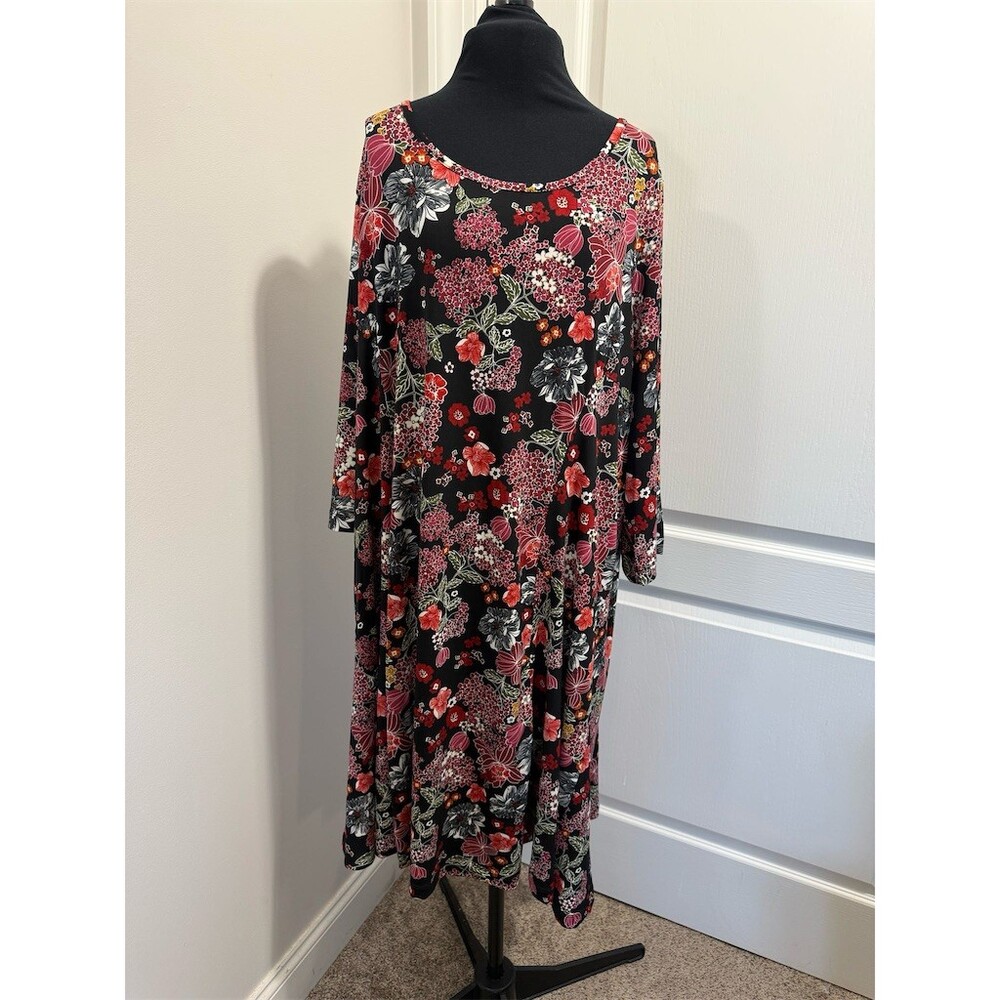 Ellos Madison Dress Womens Plus 1X Black Floral Midi 3/4 Sleeve Scoop sku588